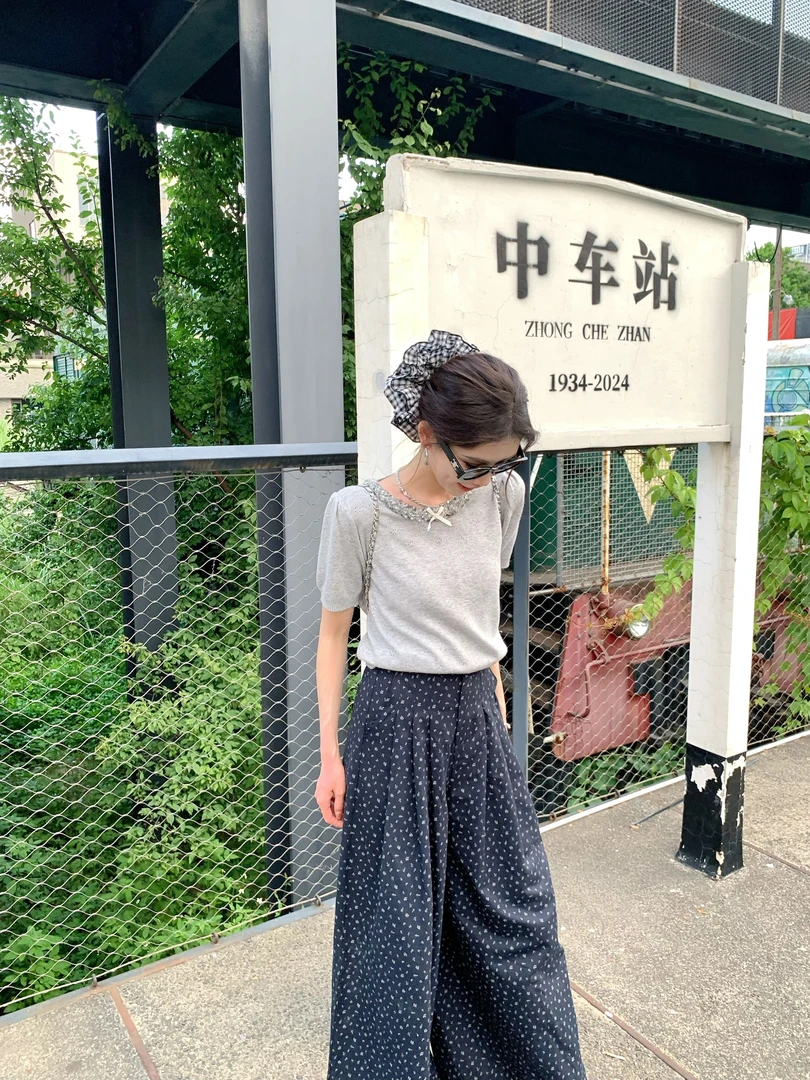 【赵小小&美丽诺言】6391 小香风灰色针织衫短袖短款显瘦高级感上衣