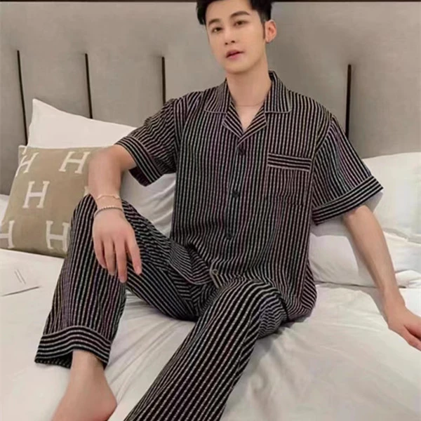 夏季男士家居服套装常规春夏短袖休闲薄款长裤条纹睡衣
