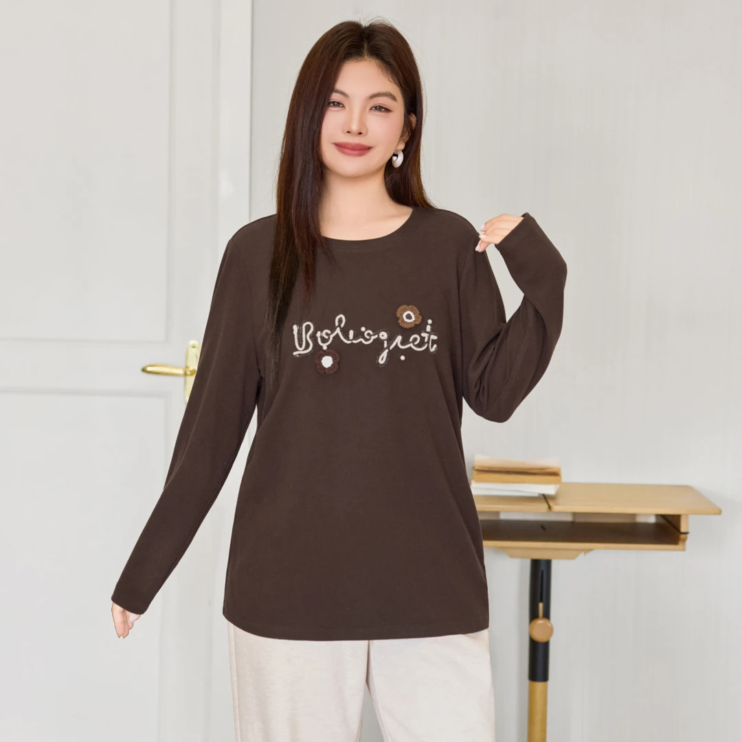 【磨毛人棉】MsShe大码女装冬装重工钉珠刺绣T恤打底衫Q2512020