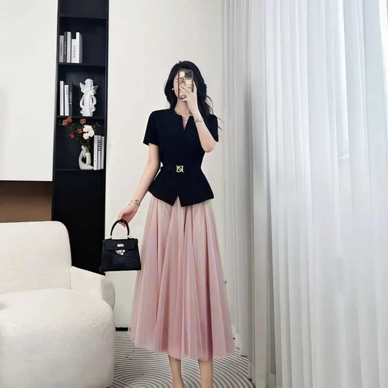 【两件套】【有里布】2025夏季新时尚轻奢显瘦百搭上衣+半身裙D0871