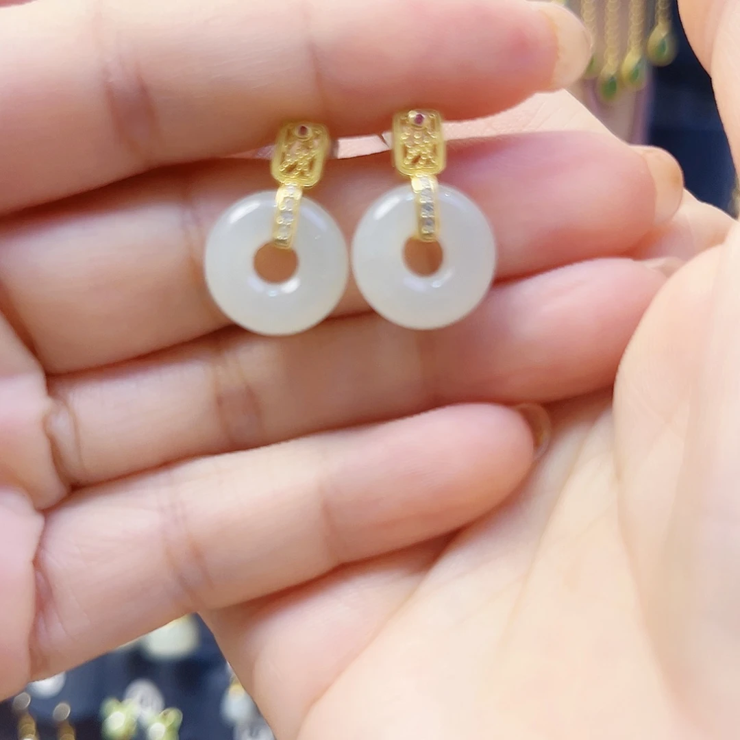 和田玉银S925镀金镶嵌耳饰