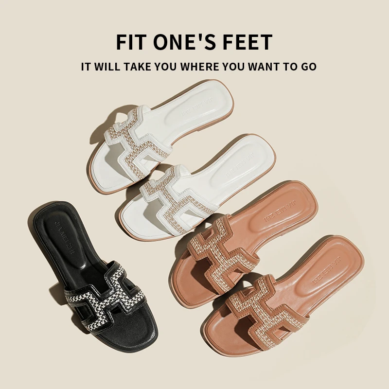 【拼色款】真皮平底外穿一字凉拖鞋女夏季新款旅游度假拼色沙滩拖鞋