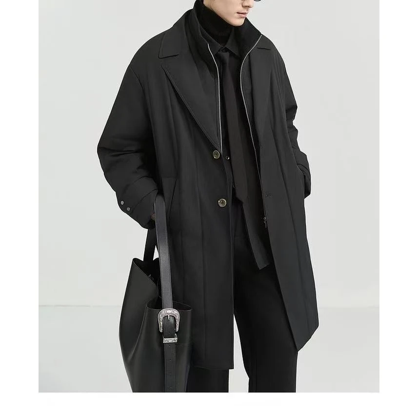 冬季高级感加厚假两件棉服男士中长款韩版宽松通勤外套-8812