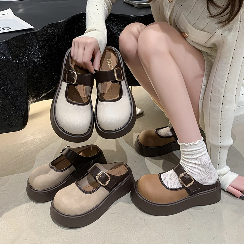 厚底勃肯鞋女包头半拖鞋外穿2025春季新款一脚蹬懒人博肯乐福单鞋