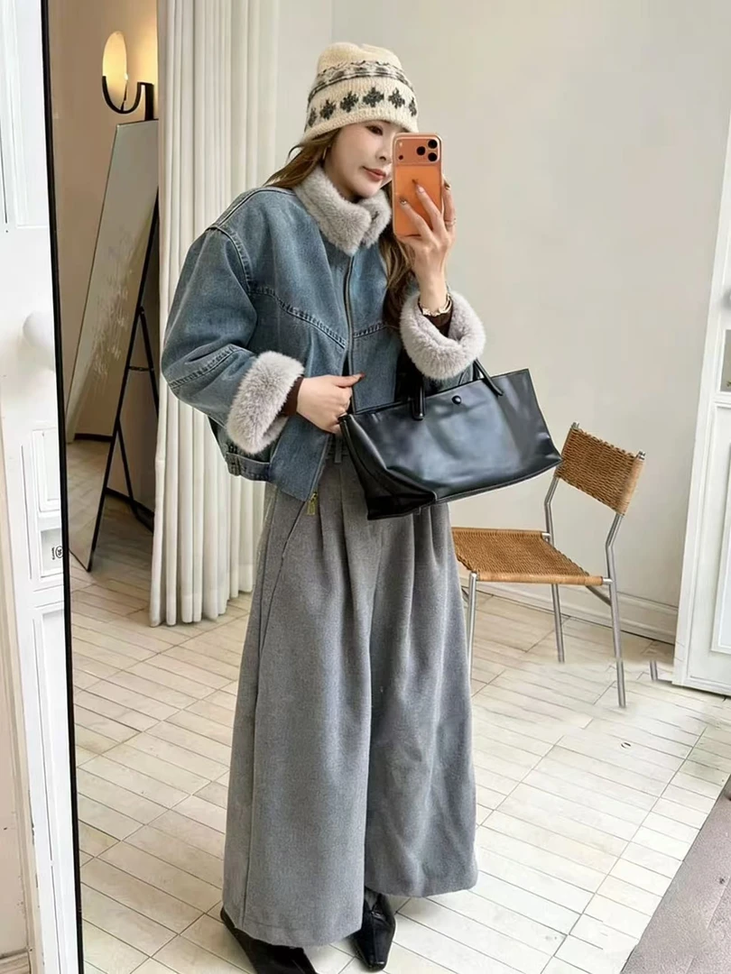 水貂毛拼接牛仔外套女2025年冬季新款韩版保暖百搭显瘦夹克上衣潮