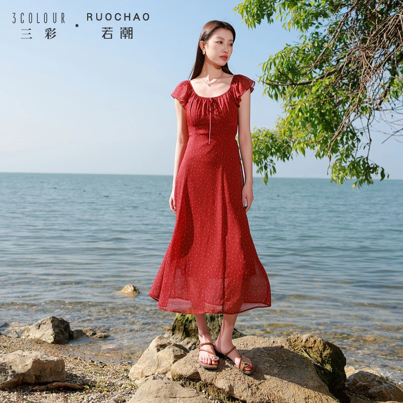 【商城专享】三彩大码女装夏季圆领连衣裙爱心波点收腰气质