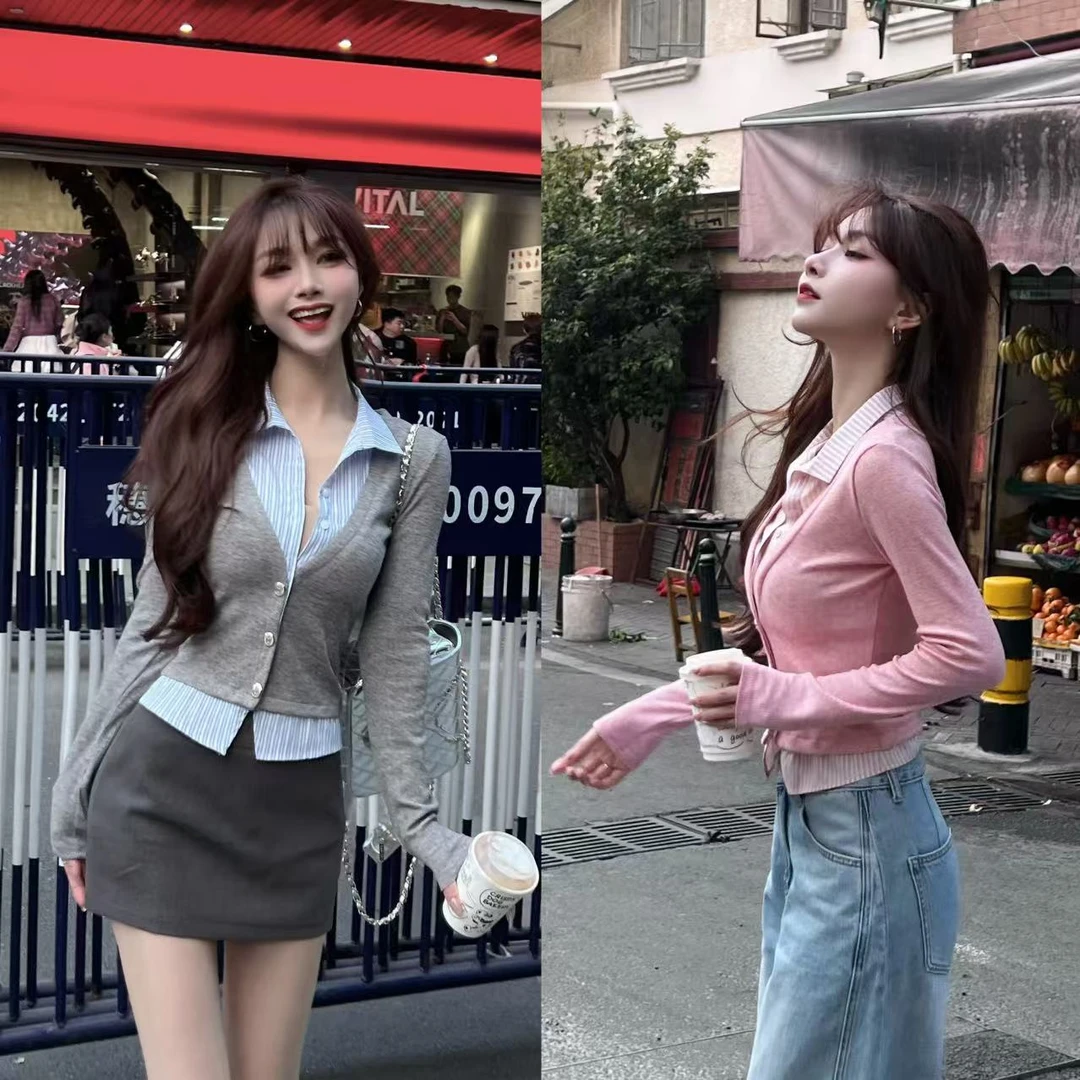 【海欧高智感】假两件气质衬衫拼接针织开衫