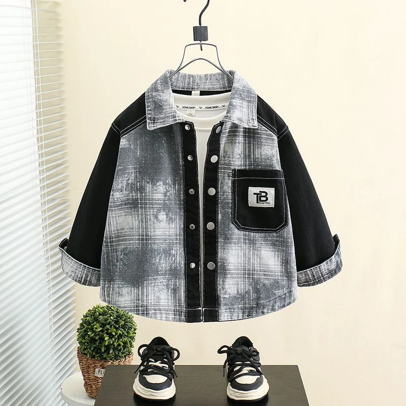 男童长袖衬衫帅气中大童秋装牛仔拼格子上衣儿童外套春秋款外衣潮