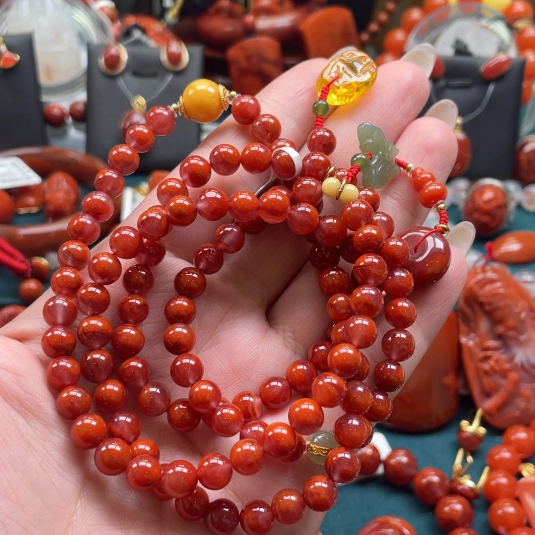 南红玛瑙银S925镶嵌川料南红火焰DIY多圈项链6mm