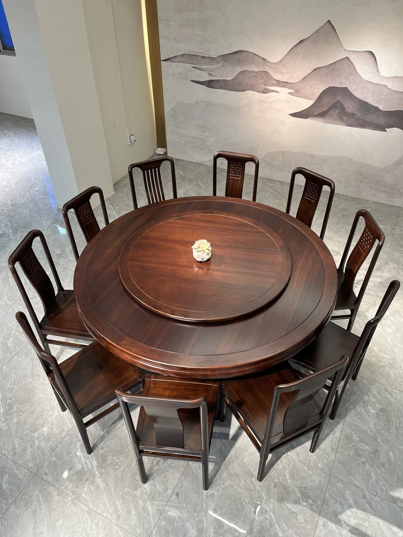 新中式餐桌乌金木圆桌古典全实木餐桌家用实木餐桌客厅乌金木餐桌