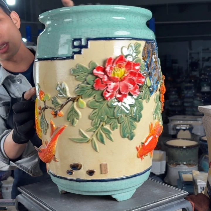 一风堂石湾花盆 内22*38烧窑痕迹釉裂