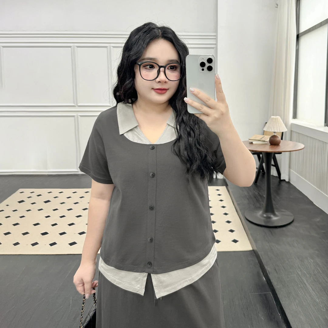 DX7658大码女装【街头慵懒套装】假两件短袖T恤半身裙百搭气质套裙