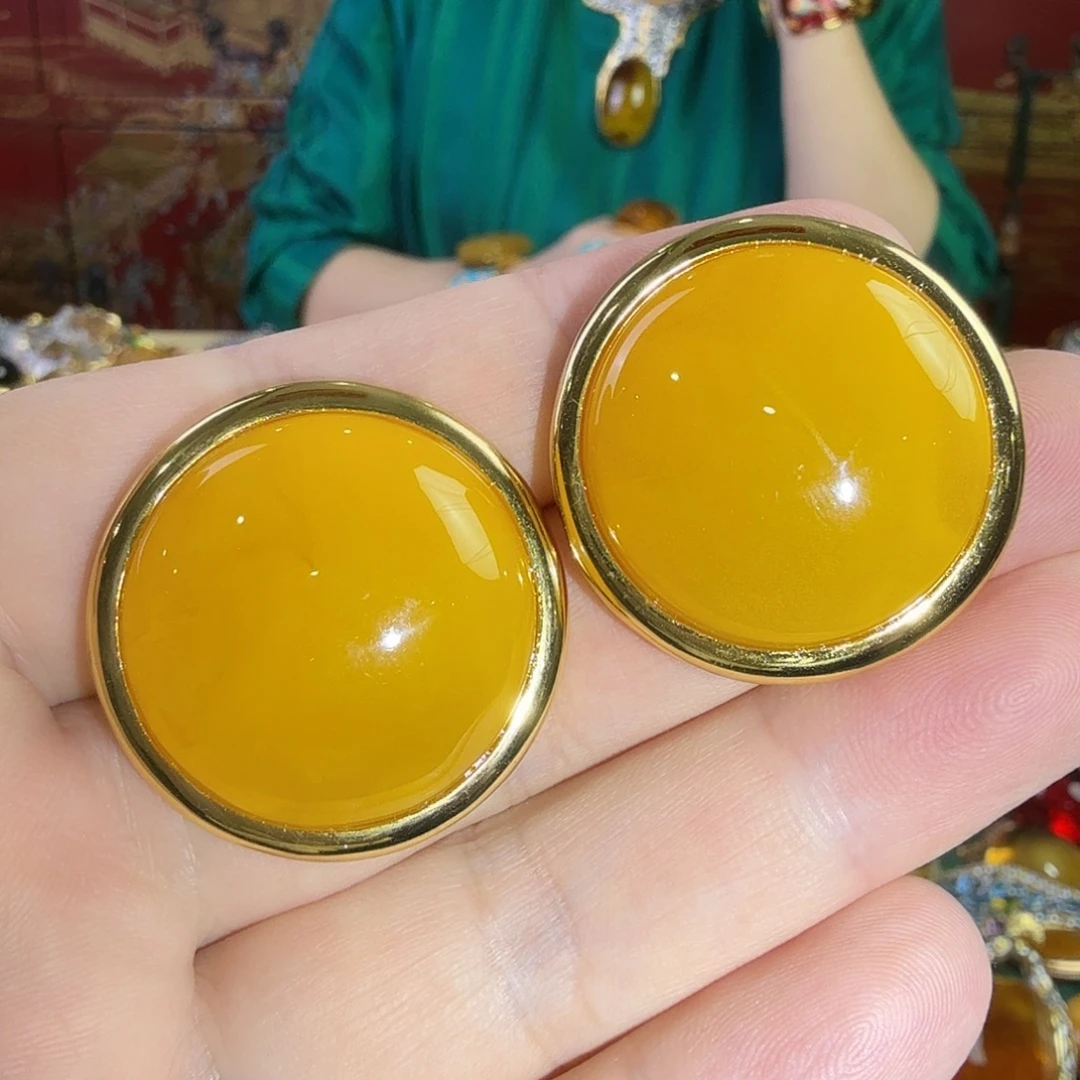 蜜蜡银S925镀金镶嵌耳钉