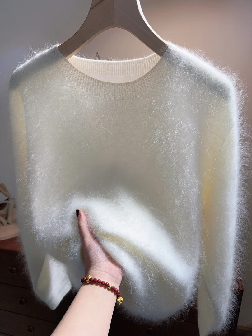 100%拉毛羊绒圆领宽松慵懒松绒系穿搭羊绒衫