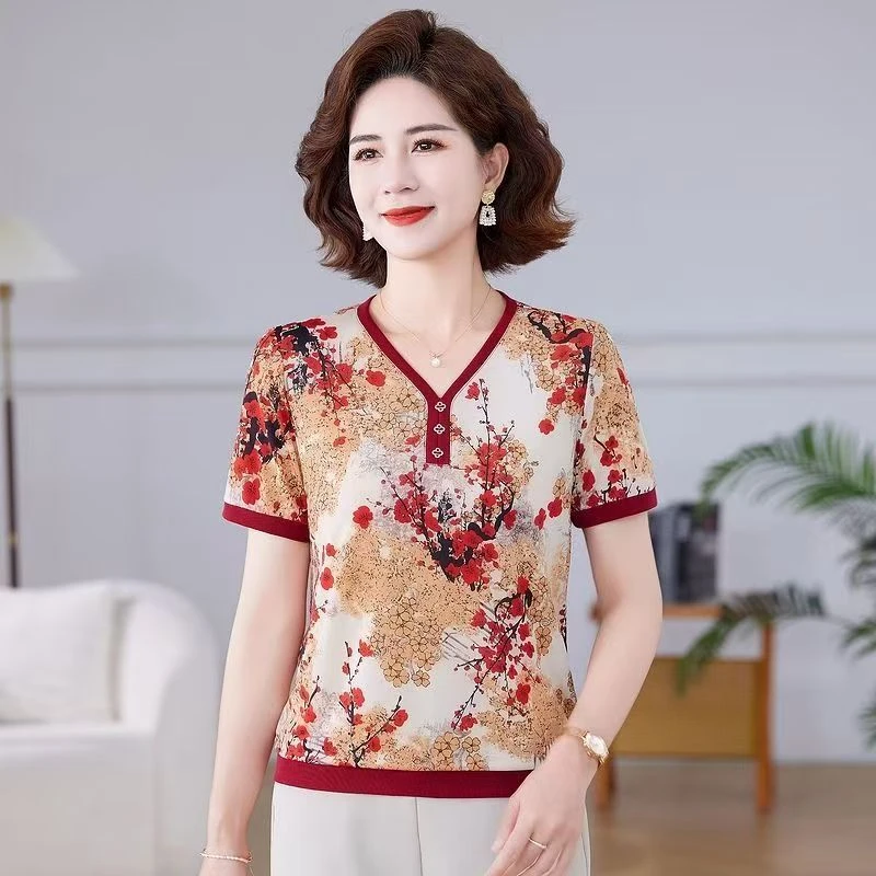 妈妈夏季新款v领百搭冰丝小衫