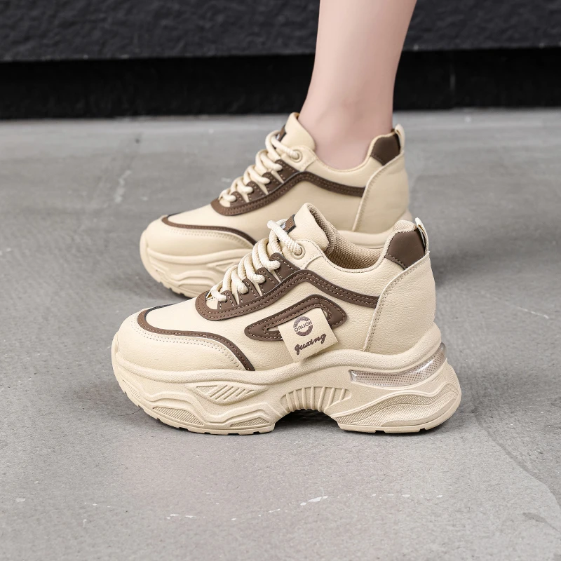 内增高8cm女鞋皮面厚底老爹鞋女2025秋冬季新款休闲运动跑步女鞋
