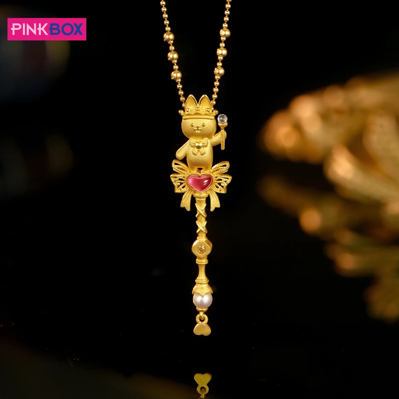 PINKBOX/娉饰珠宝 棒棒糖兔子黄金吊坠足金999镶嵌珍珠权杖挂坠