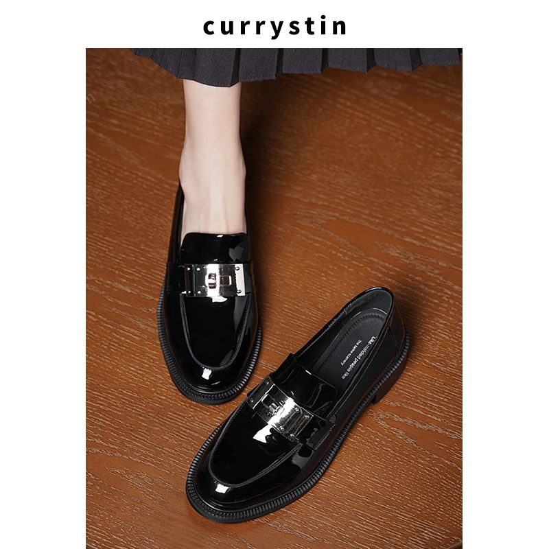 4cm中跟圆头春季锁扣乐福鞋厚底英伦单鞋复古一脚蹬纯色女士皮鞋