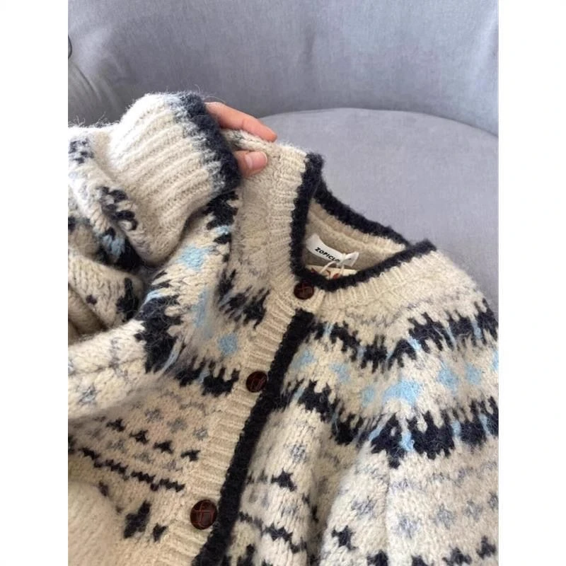 费尔岛高级复古提花针织开衫春秋加厚圆领宽松新款毛衣外套