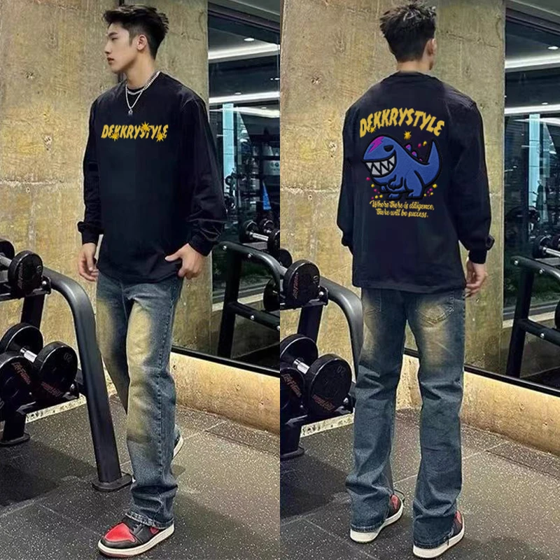 美式创意恐龙字母印花长袖T恤男秋季ins潮牌百搭宽松情侣纯棉上衣