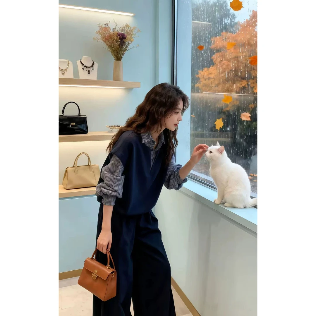 巨好看的秋装一整套女韩系减龄穿搭假两件上衣阔腿裤超火两件套装