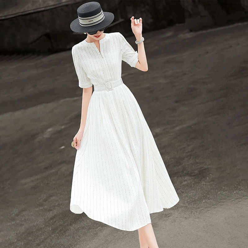 MEXCOCO/兰瑟儿夏季新款高级感条纹垂感收腰显瘦连衣裙105XL9397