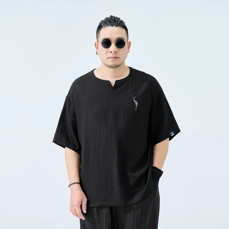 半墨大码男装宽松国风亚麻V领短袖夏季新款胖子男士200-300斤3218