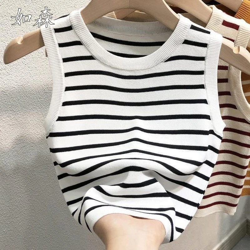 冰丝吊带背心女装夏装打底衫内搭外穿2025年新款黑矮条纹针织上衣