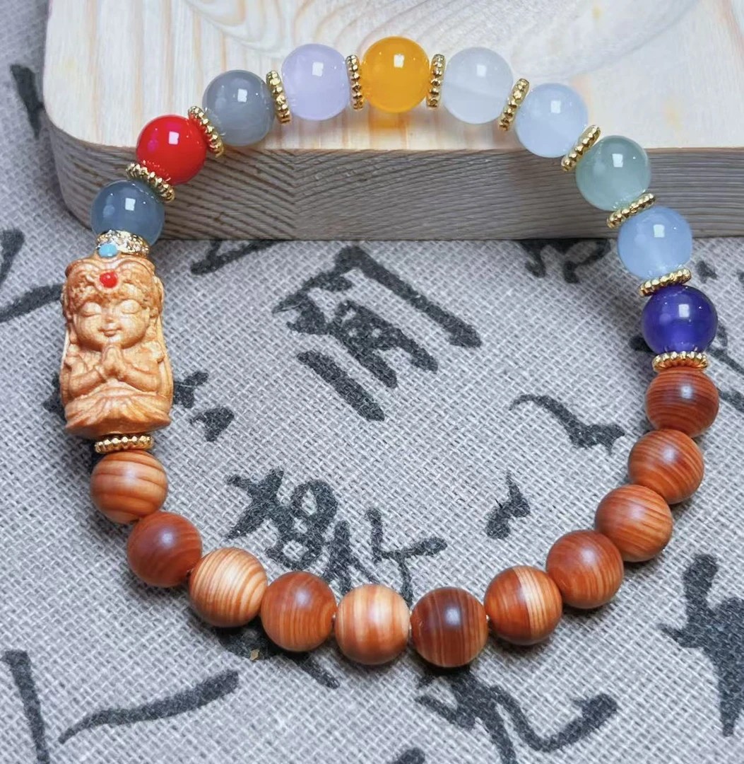 【扎基拉姆】太行崖柏高油老料8mmDIY七彩琉璃珠单圈崖柏手串