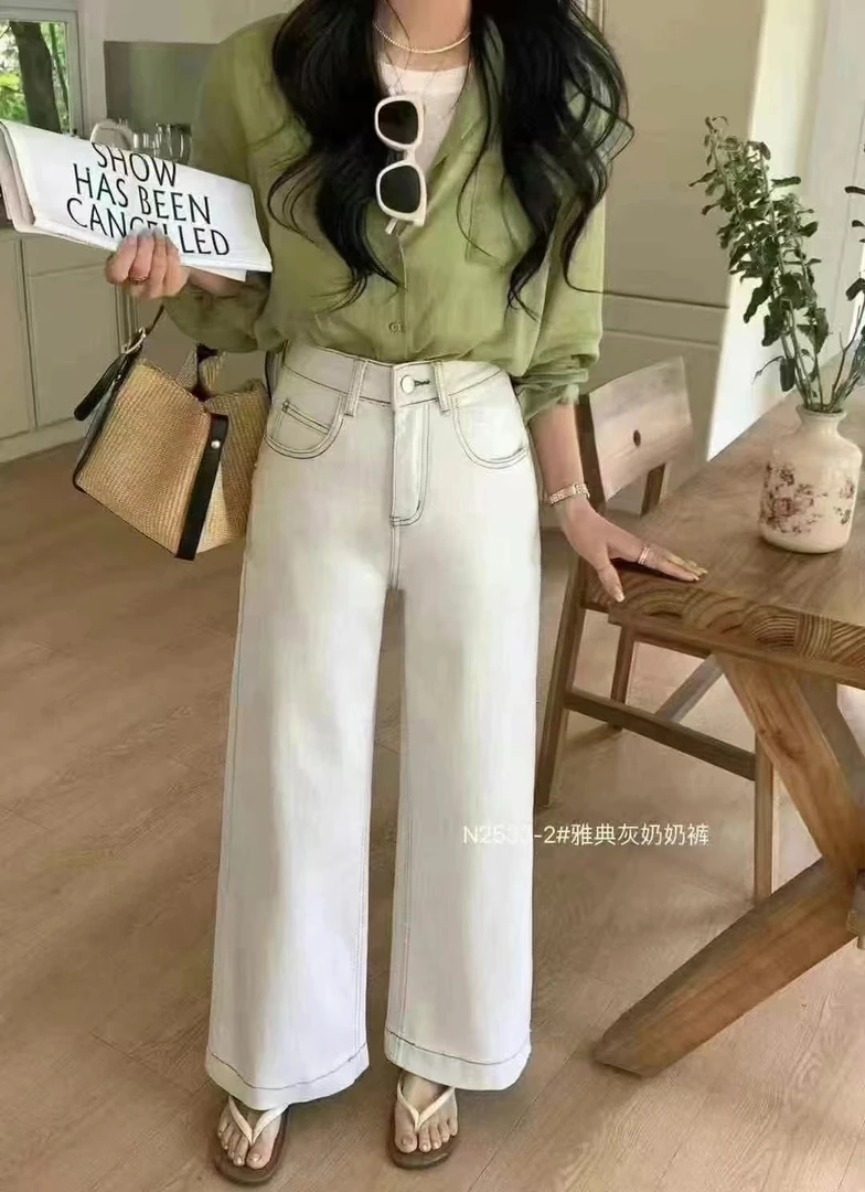 2533#2025夏季新款高品质弹力渣渣灰直筒奶奶裤
