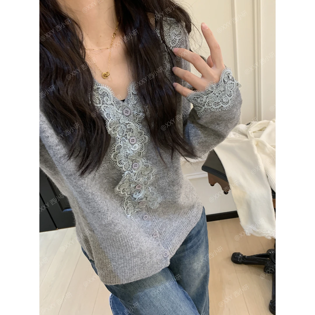 【睫毛开衫】时尚法式名媛 4级抗起球 羊毛气质毛针织蕾丝显瘦长袖
