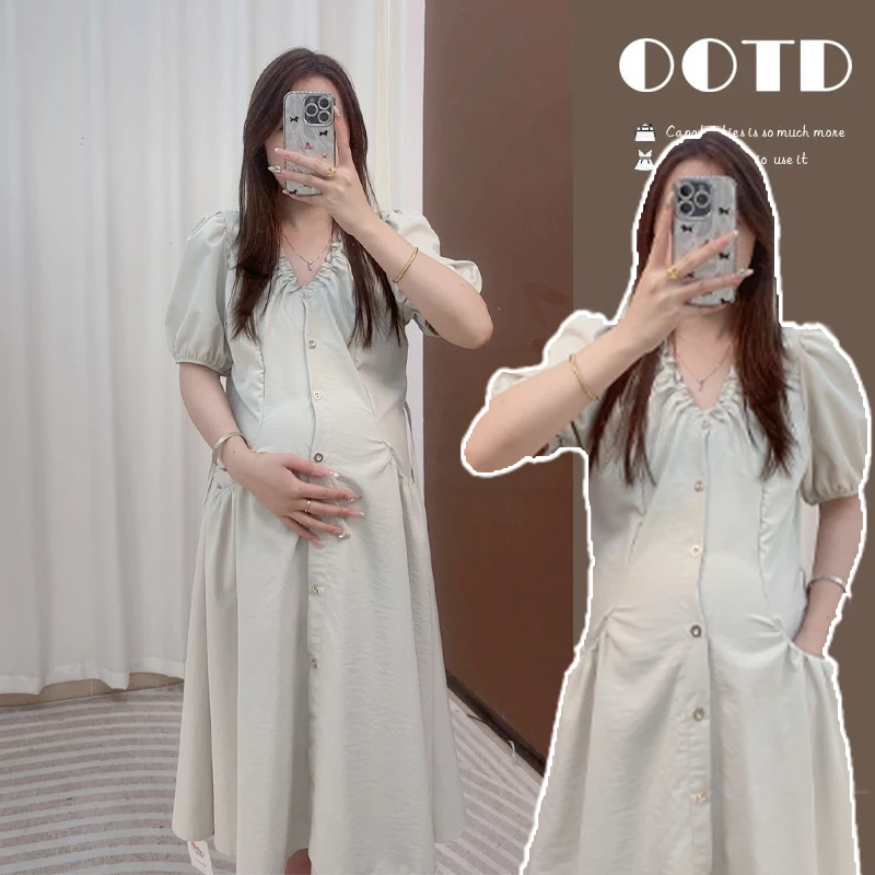 清！夏季孕妇产后外出V领收腰A字大码连衣裙显瘦气质时尚法式甜美