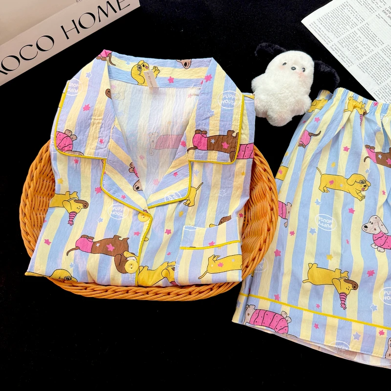 条纹腊肠狗睡衣女夏季短袖短裤云朵绵薄款日系甜美卡通家居服套装