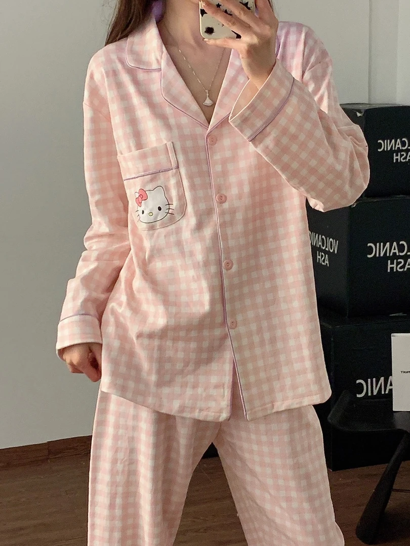 春秋季纯棉睡衣女开衫长袖可爱格子套装学生家居服薄款可外穿