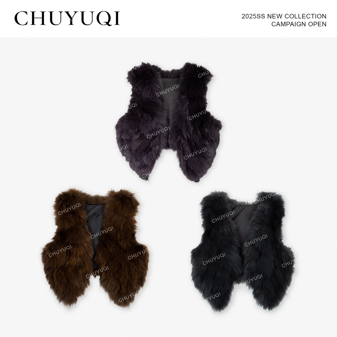 CHUYUQI 时髦加分项 100%狐狸毛毛披肩马甲短款贵气时尚秋冬外套
