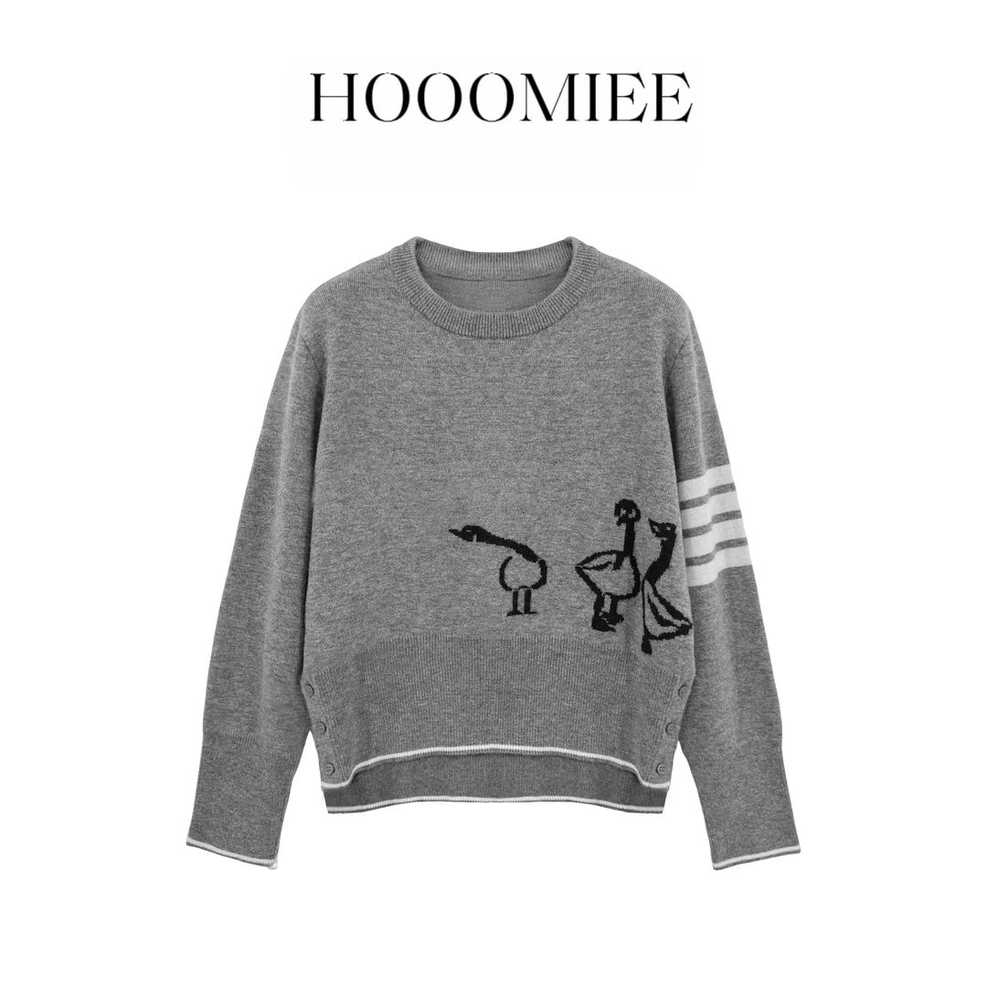 Hooomiee 静奢法式 绵羊毛动物针织长袖灰色圆领女士毛衣ML25165