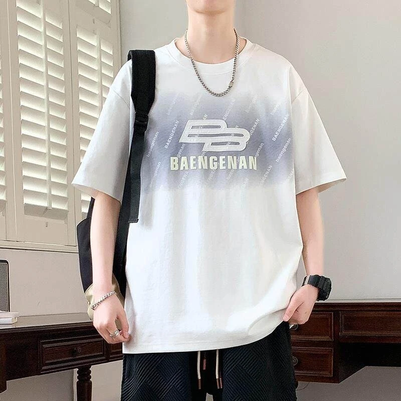 落肩袖印花短袖免烫夏季字母T恤宽松五分袖圆领潮流