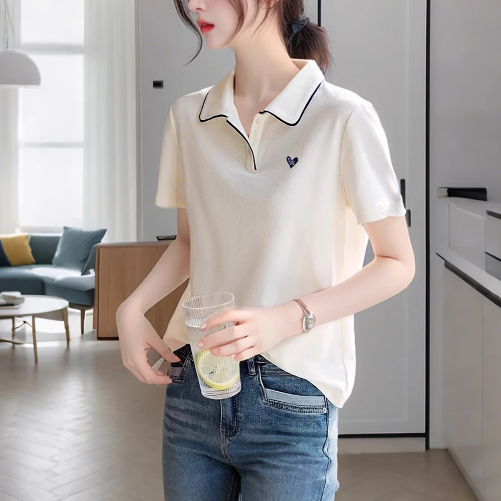 爱心刺绣短袖T恤女夏季新款休闲简约通勤百搭POLO衫宽松显瘦上衣