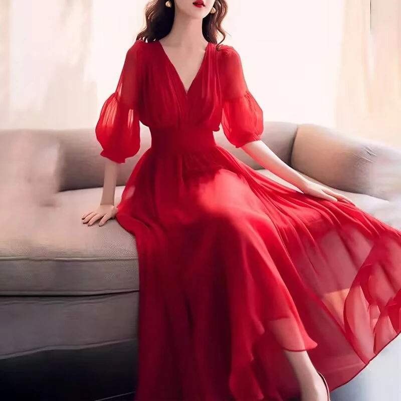 2025夏季新款超仙时尚海边度假真丝桑蚕丝连衣裙收腰显瘦大摆长裙