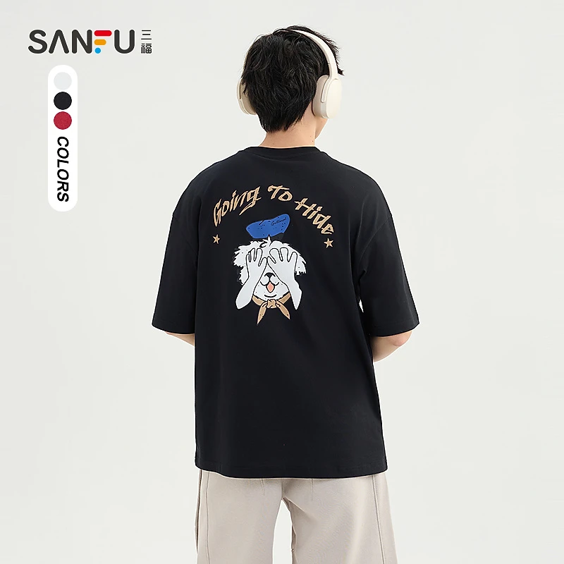 三福2025夏季男士蒙面小狗短T恤 休闲趣味圆领上衣男496779
