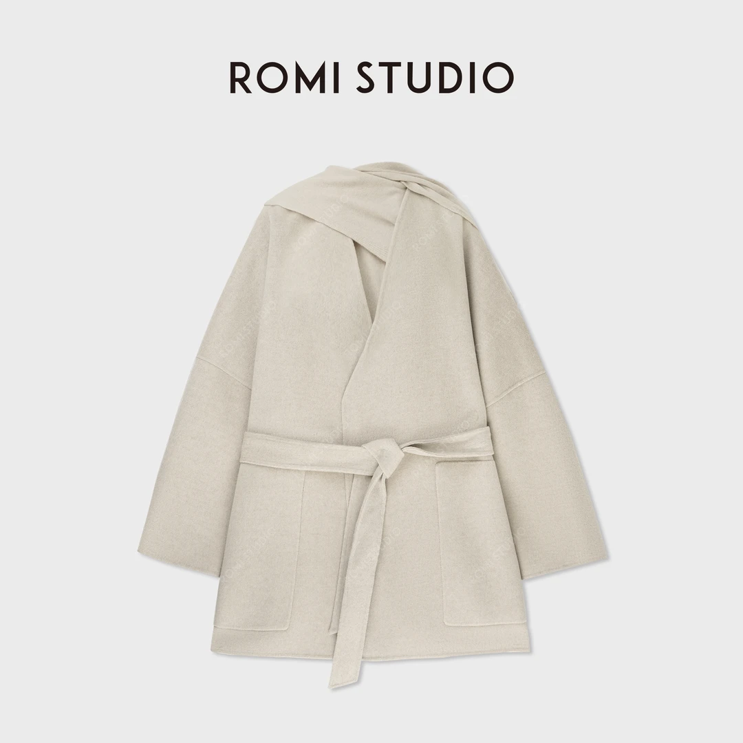 ROMI STUDIO“贵妇系列”腔调穿搭山羊绒绵羊毛 带围巾大衣23AWW408