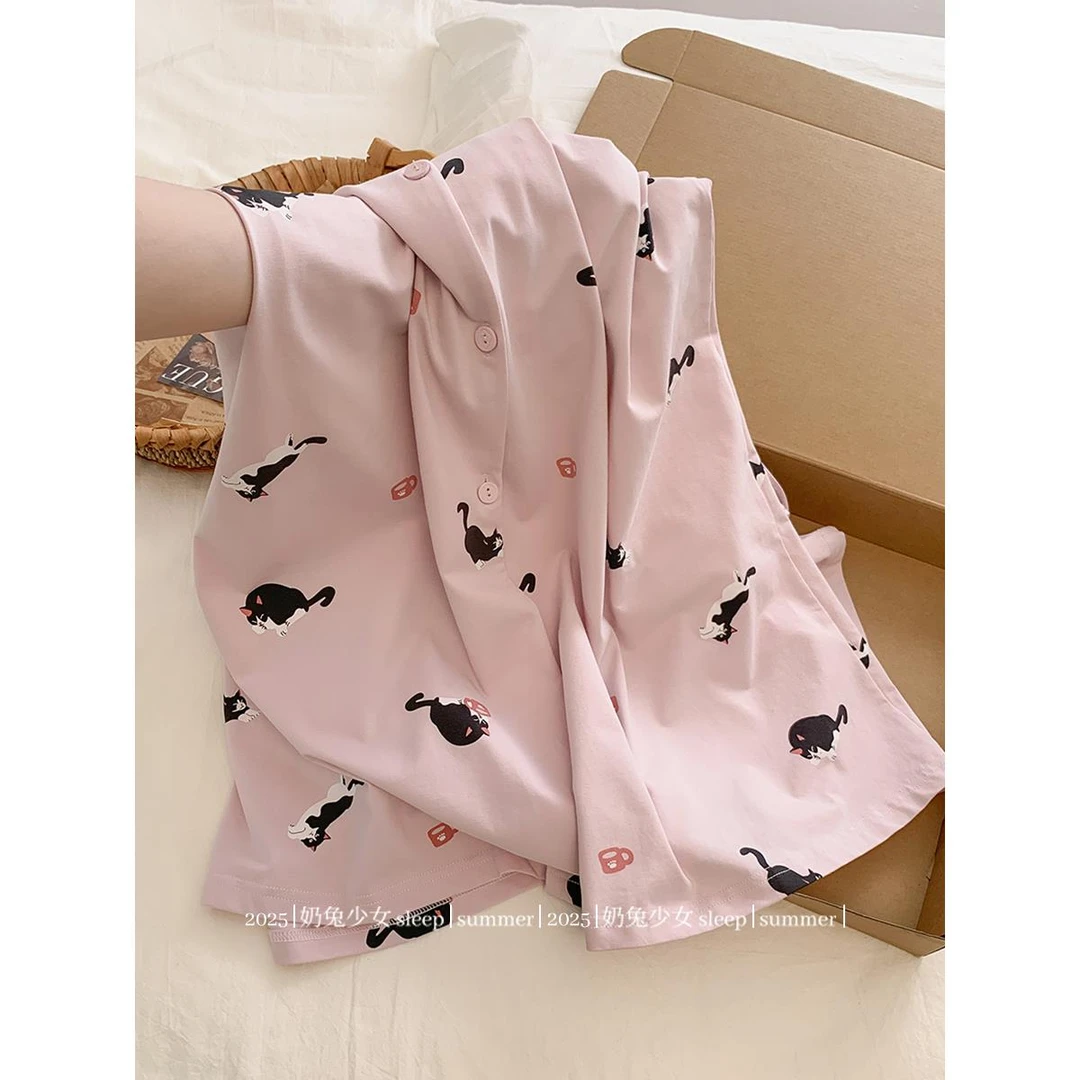 粉色小黑猫全棉2025春秋季女士睡裙翻领开衫宽松纯棉睡衣居家裙子