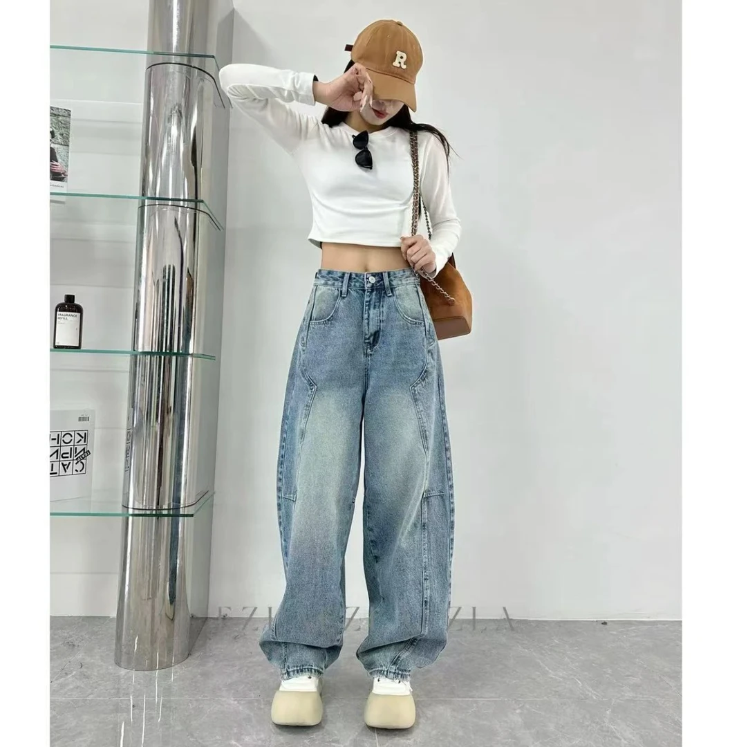 FF2209-[早春新款]-中高腰显瘦宽松慵懒牛仔老爹裤弯刀裤小众水洗