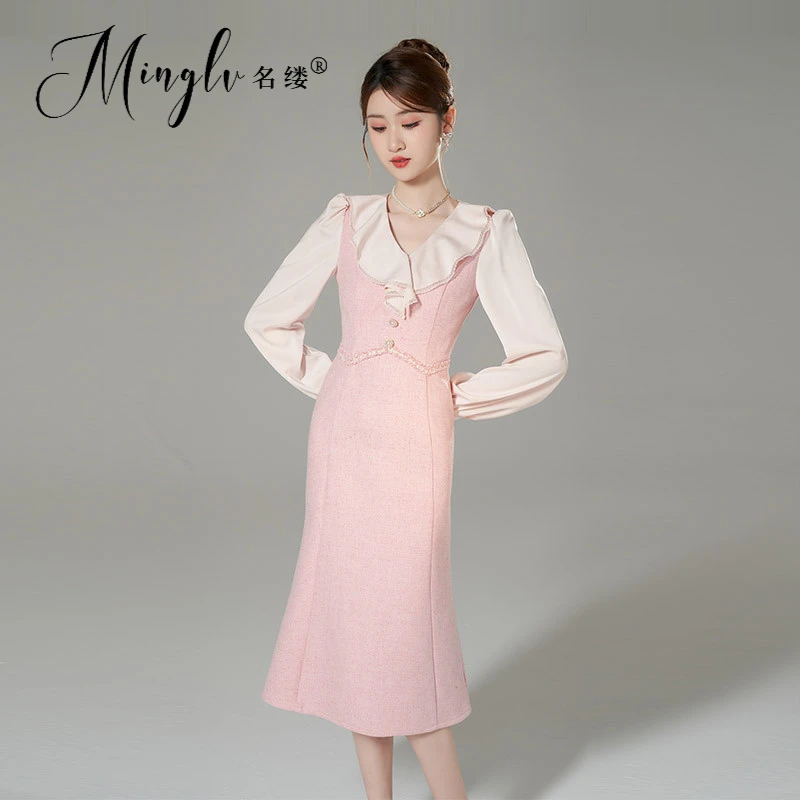 名缕女装法式长袖洋装2025新款女秋装季高级感气质粉色小香风裙子