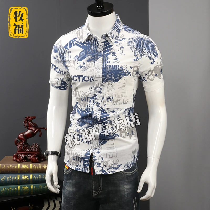 夏季衬衫男短袖宽松休闲痞帅港风印花衬衣纯棉日系复古半袖上衣潮