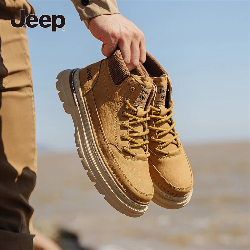 Jeep吉普秋冬新款大黄靴男士户外马丁靴工装靴真皮高帮
