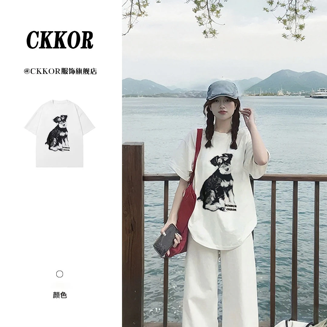 CKKOR夏季新款圆领短袖t恤女学生纯棉卡通风时尚穿搭慵懒风上衣服