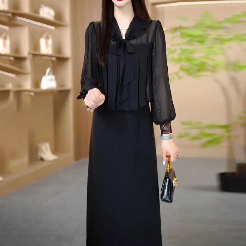 高级琉璃丝法式轻奢假俩件礼服裙2025春夏新款亮片拼接遮肉连衣裙