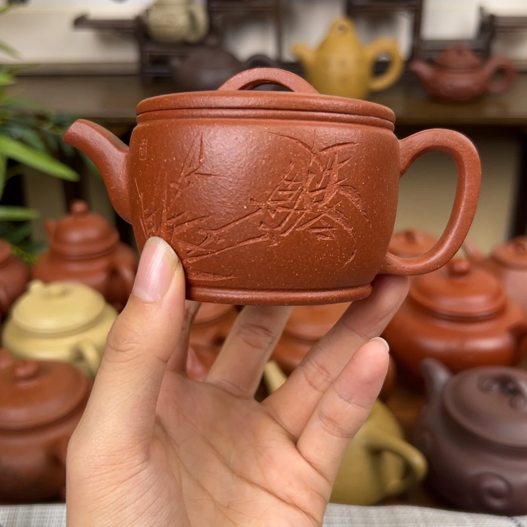 猫***鹰茶壶紫砂紫砂壶汉瓦红降坡150cc刻绘瑕