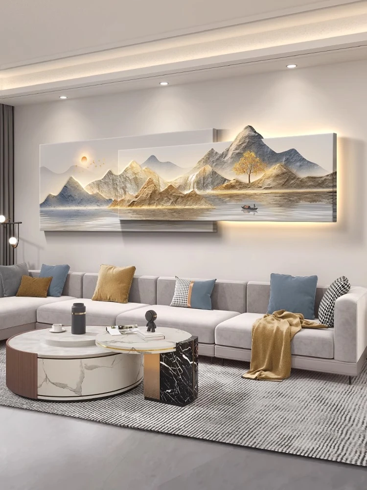 旭日东升山水画客厅挂画大气沙发背景墙装饰画轻奢高级感立体壁灯
